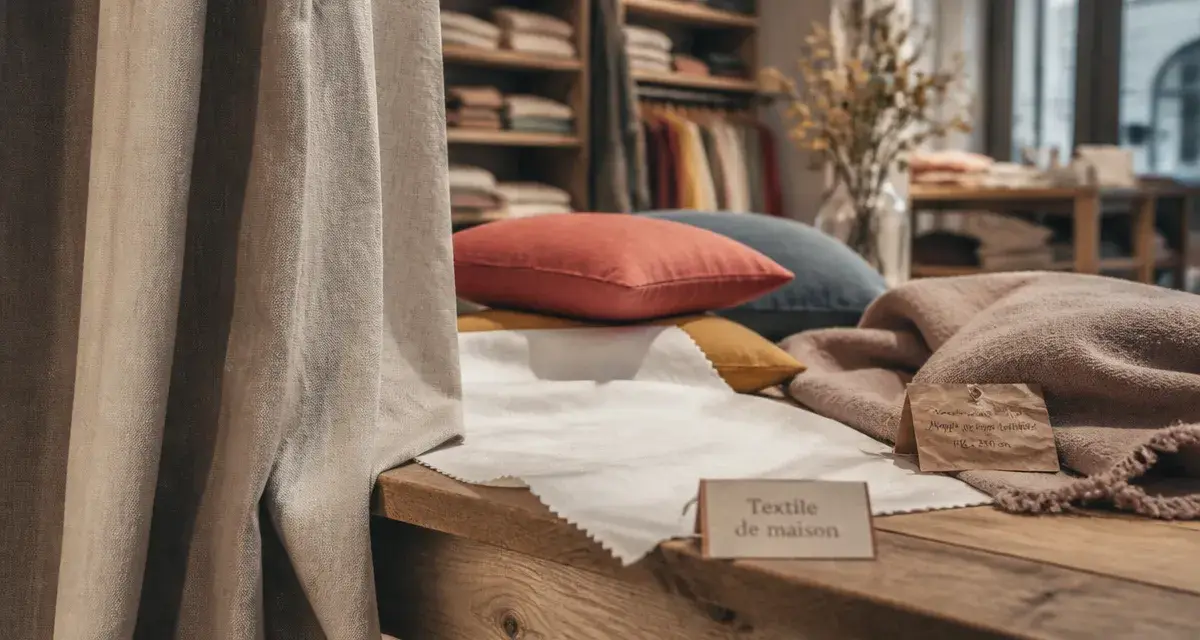 Bouchara Lyon magasin linge de maison et décoration : rideau en lin beige et textile de maison