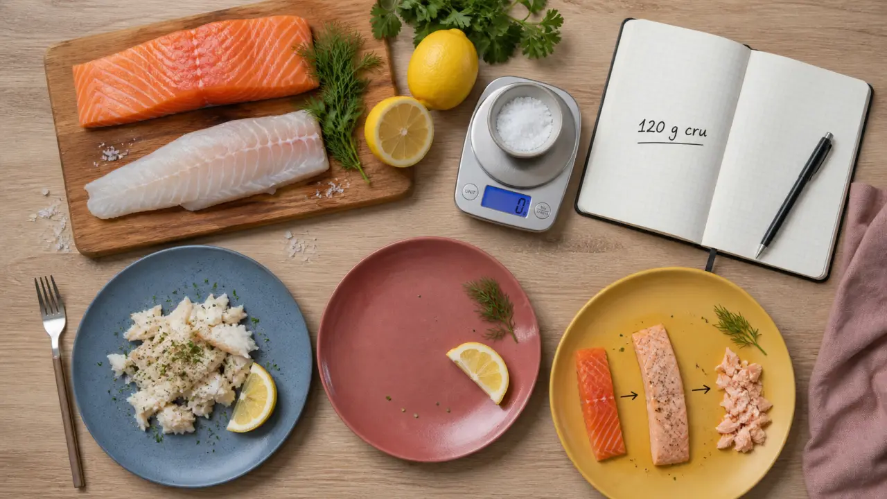 Combien de gramme de poisson par personne : 120 g cru sur une balance