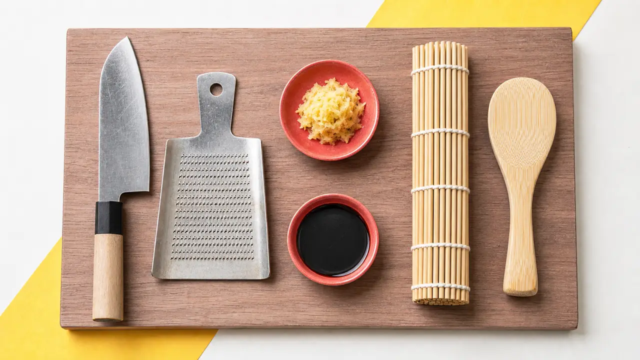 Cuisine japonaise ustensiles : santoku, makisu, shamoji et gingembre râpé
