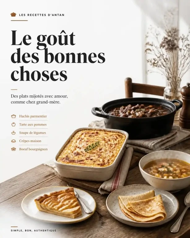 Vieilles recettes de cuisine de grand-mère sur une table familiale avec plats traditionnels français