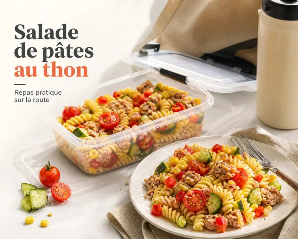Recettes de cuisine style routier : salade de pâtes au thon et légumes croquants prête à emporter