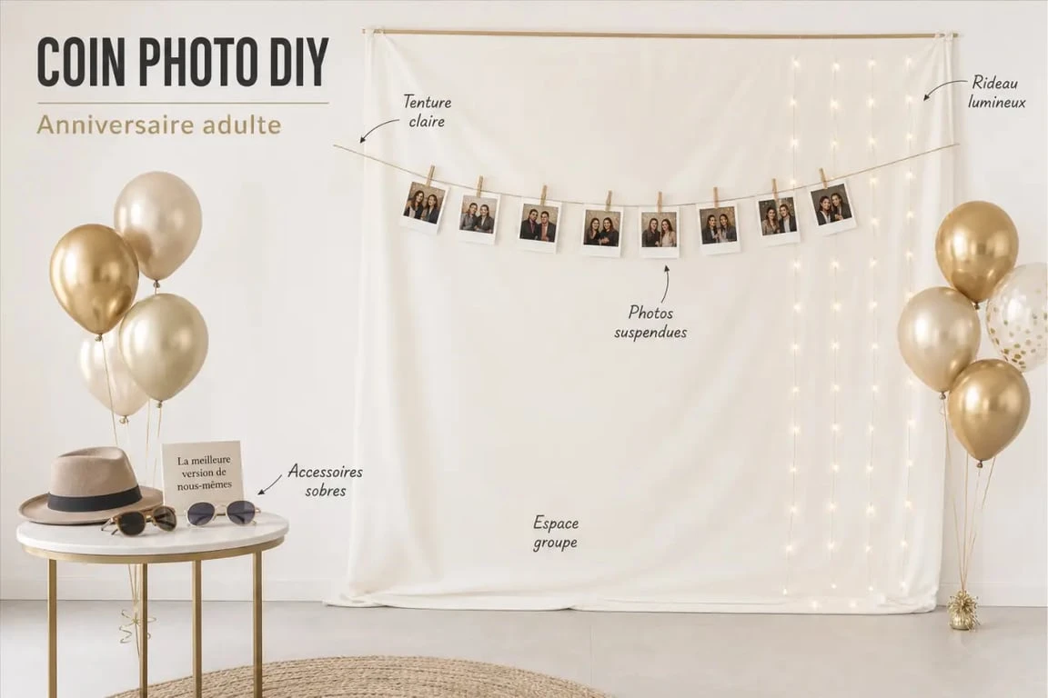 Idées déco anniversaire adulte à faire soi-même avec un mur photo DIY élégant