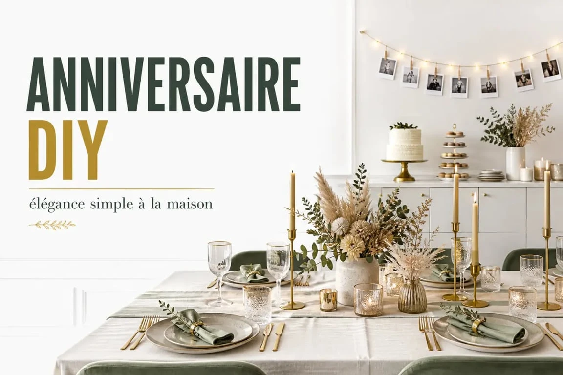 Idées déco anniversaire adulte à faire soi-même dans un salon chic avec table, buffet et mur photo