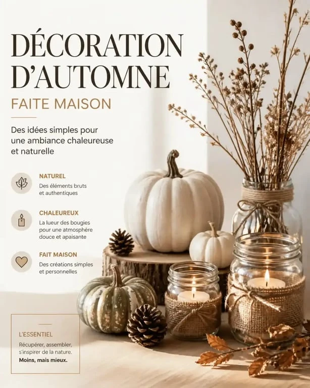Décoration d'automne fait maison avec citrouilles, bougies et éléments naturels sur une table en bois.
