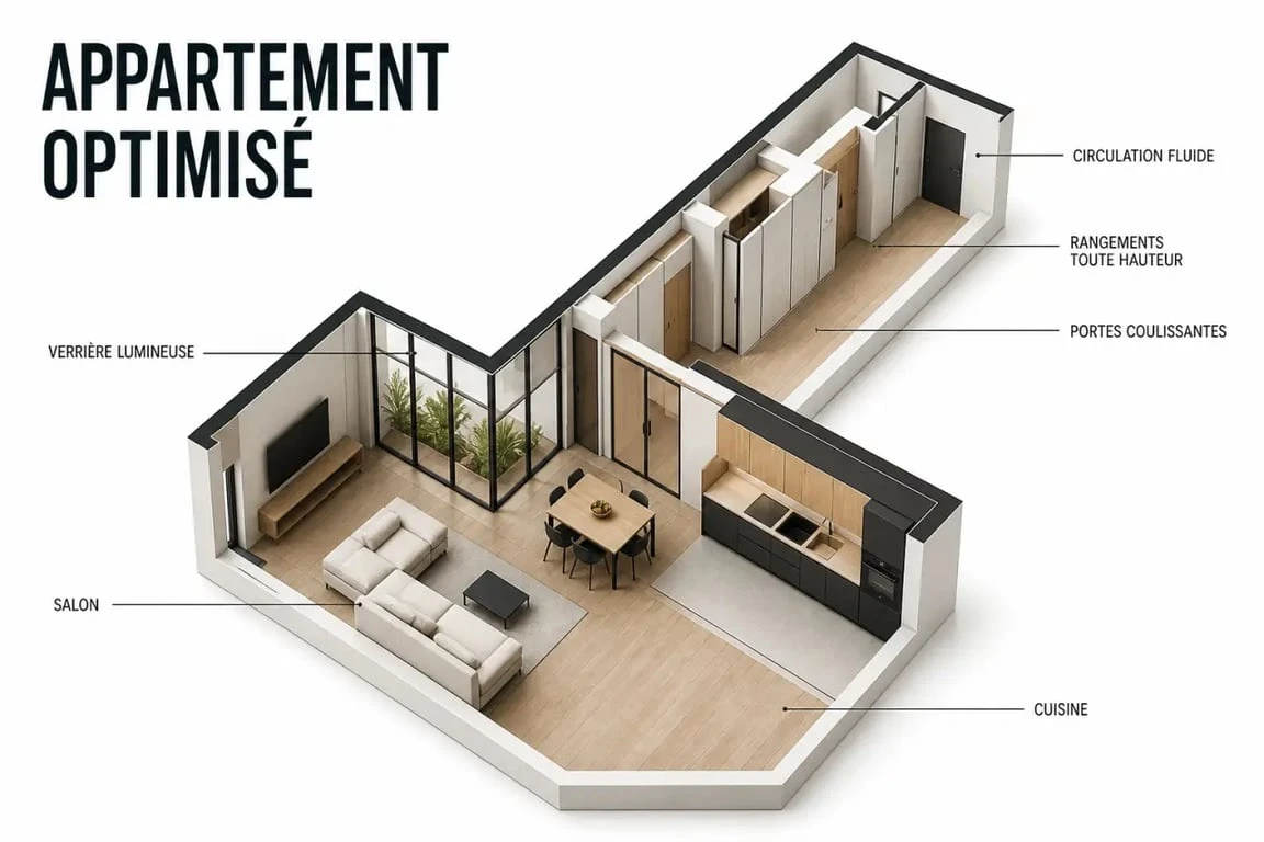 Aménagement intérieur d’un appartement contemporain avec circulation fluide et rangements intégrés