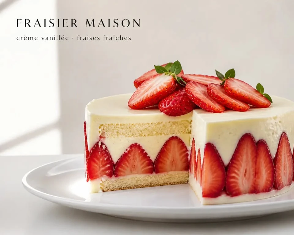 La Cuisine d'Annie recettes : fraisier maison dressé sur une assiette, avec fraises fraîches et crème vanillée