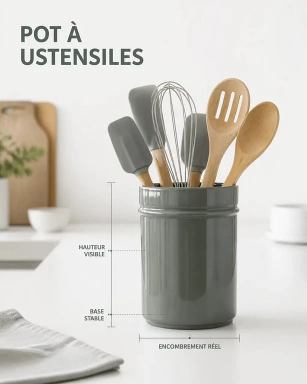 Pots pour ustensiles de cuisine sur un plan de travail, montrant le format compact, la stabilité et le design émaillé