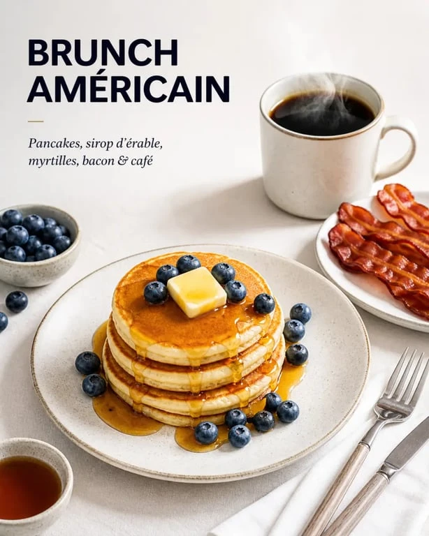 cuisine americaine recettes : brunch américain avec pancakes, sirop d’érable et myrtilles