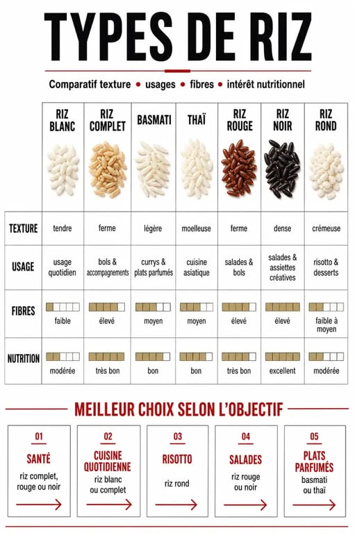 Infographie comparant quel est le meilleur riz selon la santé, le goût et l’usage culinaire
