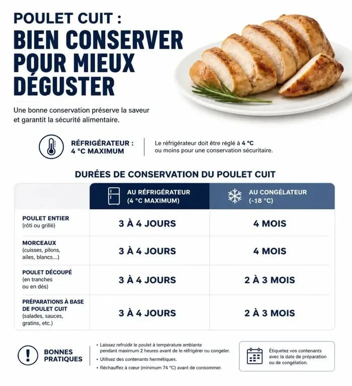 Infographie sur la durée de conservation du poulet cuit au réfrigérateur et au congélateur pour éviter le gaspillage alimentaire