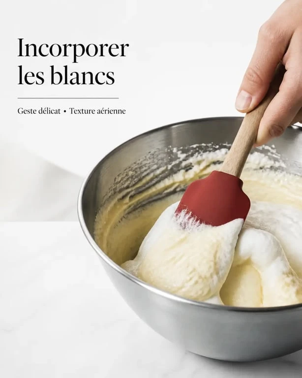 ustensiles de cuisine maryse en usage pour racler un cul-de-poule et incorporer des blancs en neige