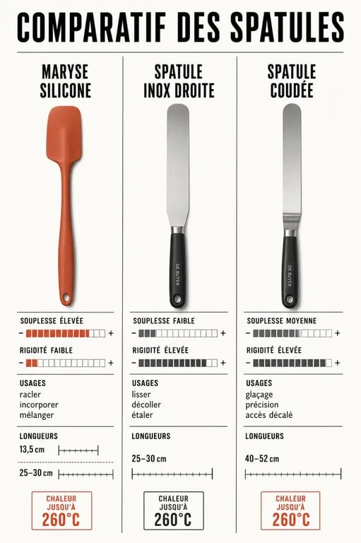 ustensiles de cuisine maryse comparés à une spatule inox et une spatule coudée