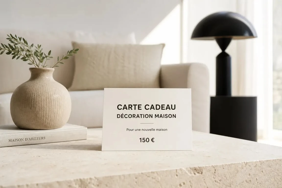 Carte cadeau décoration maison posée dans un intérieur soigné pour illustrer un cadeau utile et flexible