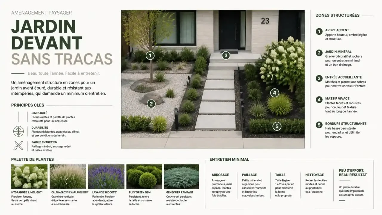 Aménagement de parterre devant maison sans entretien avec zones structurées