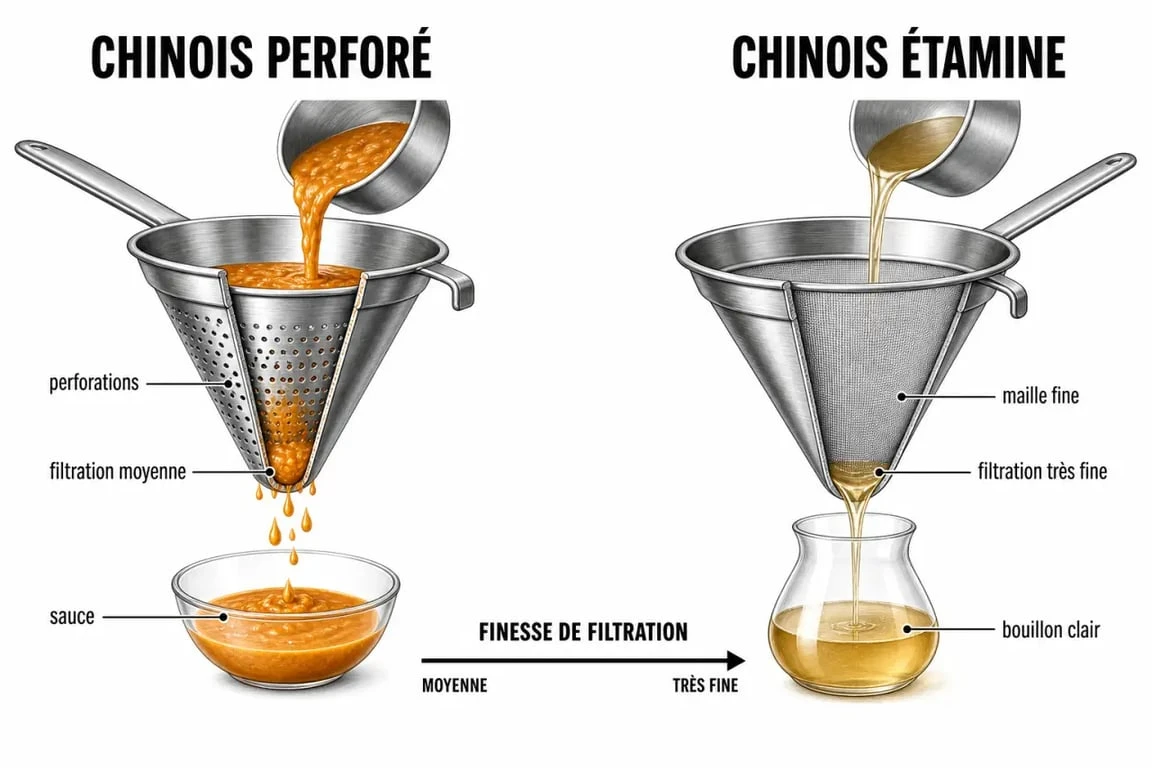 Comparatif des ustensiles chinois cuisine entre chinois perforé et chinois étamine