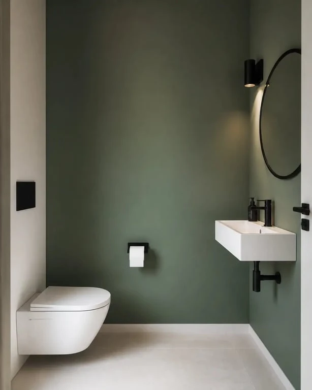 Idées déco toilettes minimalistes avec accessoires noirs mats et couleur profonde