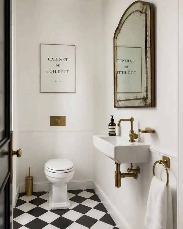 Idées déco toilettes vintage avec carrelage noir et blanc et détails en laiton