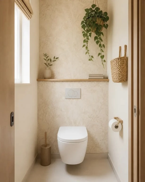 Idées déco toilettes style bohème naturel avec bois clair et papier peint végétal