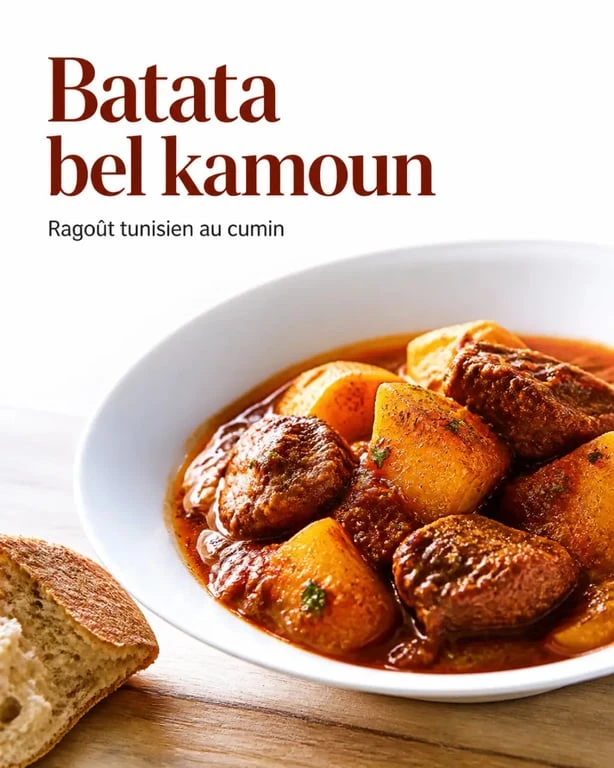 Batata bel kamoun tunisien servi chaud avec pommes de terre et viande en sauce au cumin