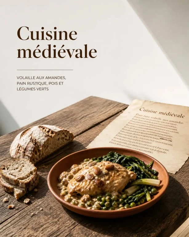 Recettes médiévales illustrées sur une table historique avec des plats inspirés du Moyen Âge