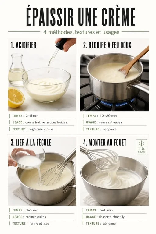 Comment epaissir une creme : comparatif visuel des méthodes citron, réduction, fécule et crème montée