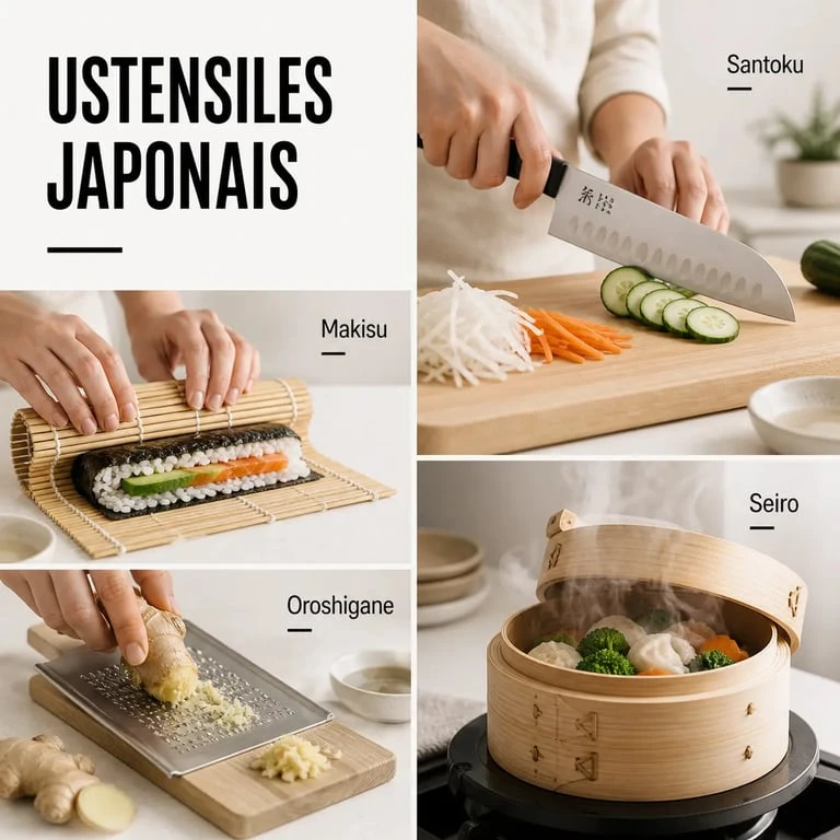 Cuisine japonaise ustensiles : santoku, makisu, oroshigane et seiro en situation d’usage