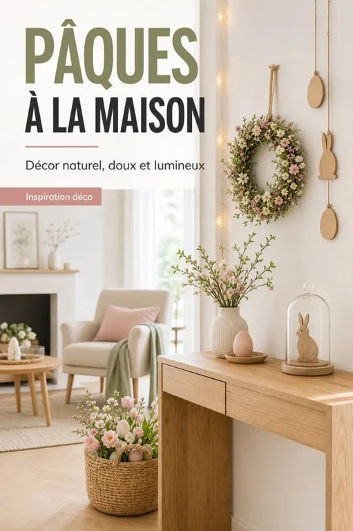 Décoration maison paques dans une entrée chaleureuse avec couronne printanière et suspensions