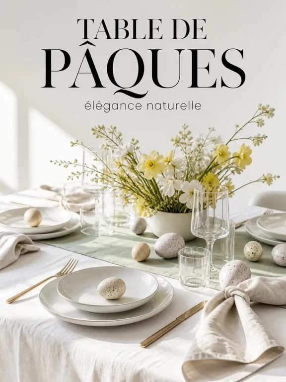 Décoration maison paques de table printanière avec œufs, fleurs et vaisselle blanche