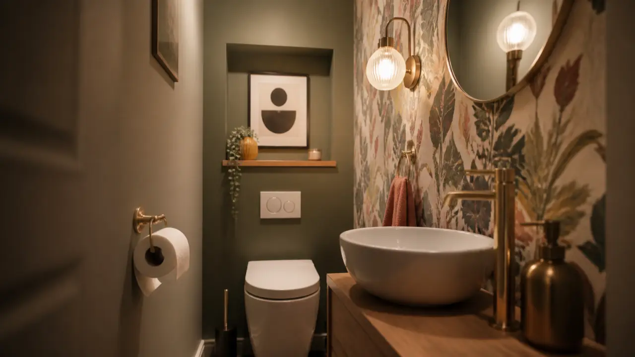 Idées déco toilettes : mur vert sauge dans WC étroit