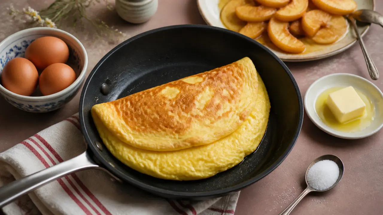 Omelette sucrée moelleuse, œufs et fruits, poêle antiadhésive