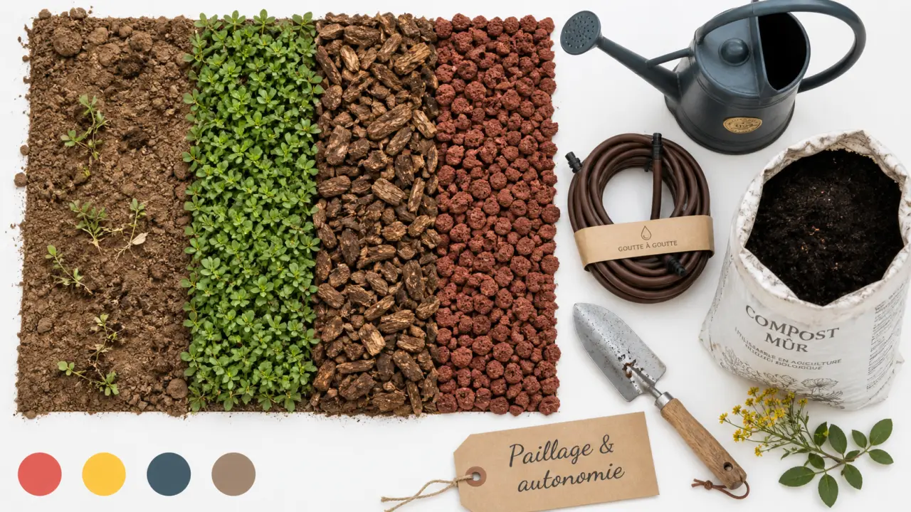 Parterre devant maison sans entretien : paillage et couvre-sols pour jardin autonome