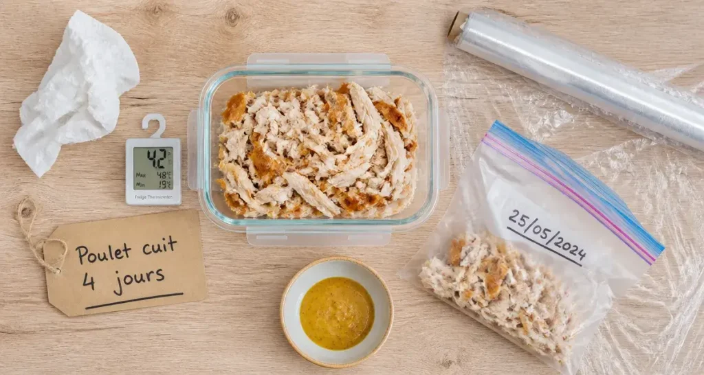 Poulet cuit au frigo : durée de conservation, risques et astuces de stockage