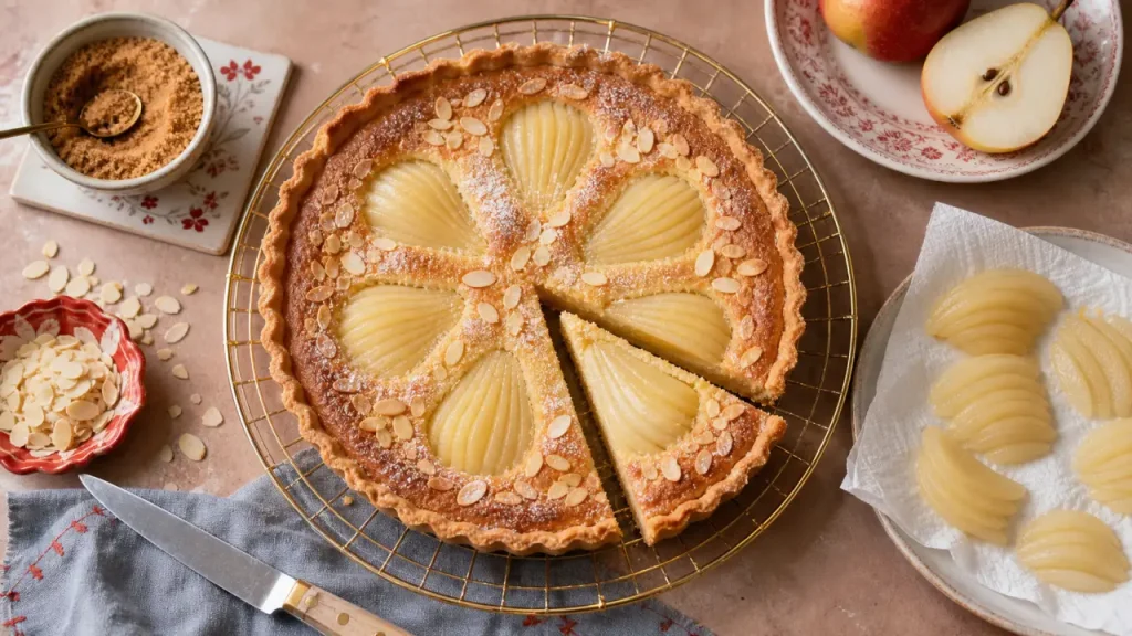 Tarte poire amandine façon Cyril Lignac : pâte précuite, crème fondante et poires bien tenues