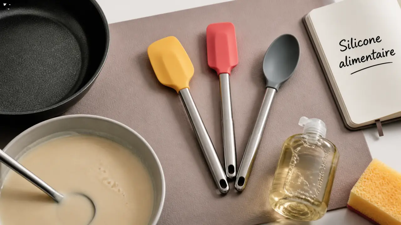 Ustensiles de cuisine en silicone sur plan de travail : spatule et cuillère pour protéger l’antiadhésif
