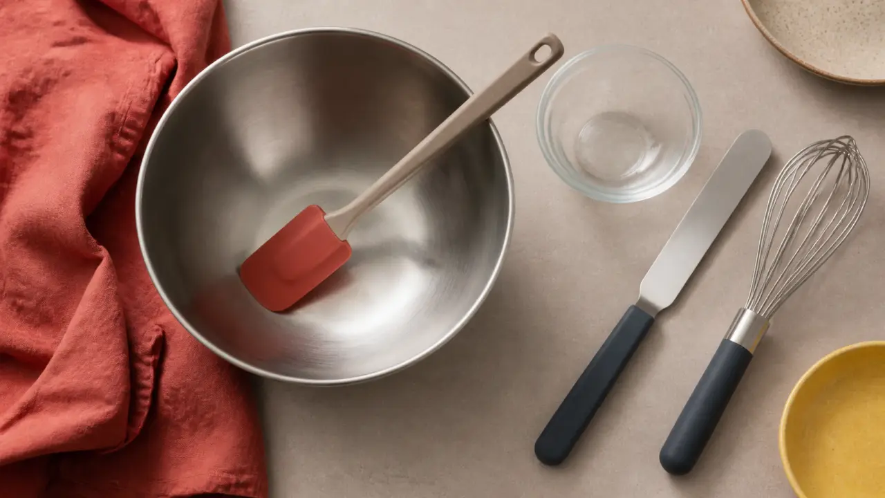 Ustensiles de cuisine maryse en silicone sur cul-de-poule inox, vue de dessus