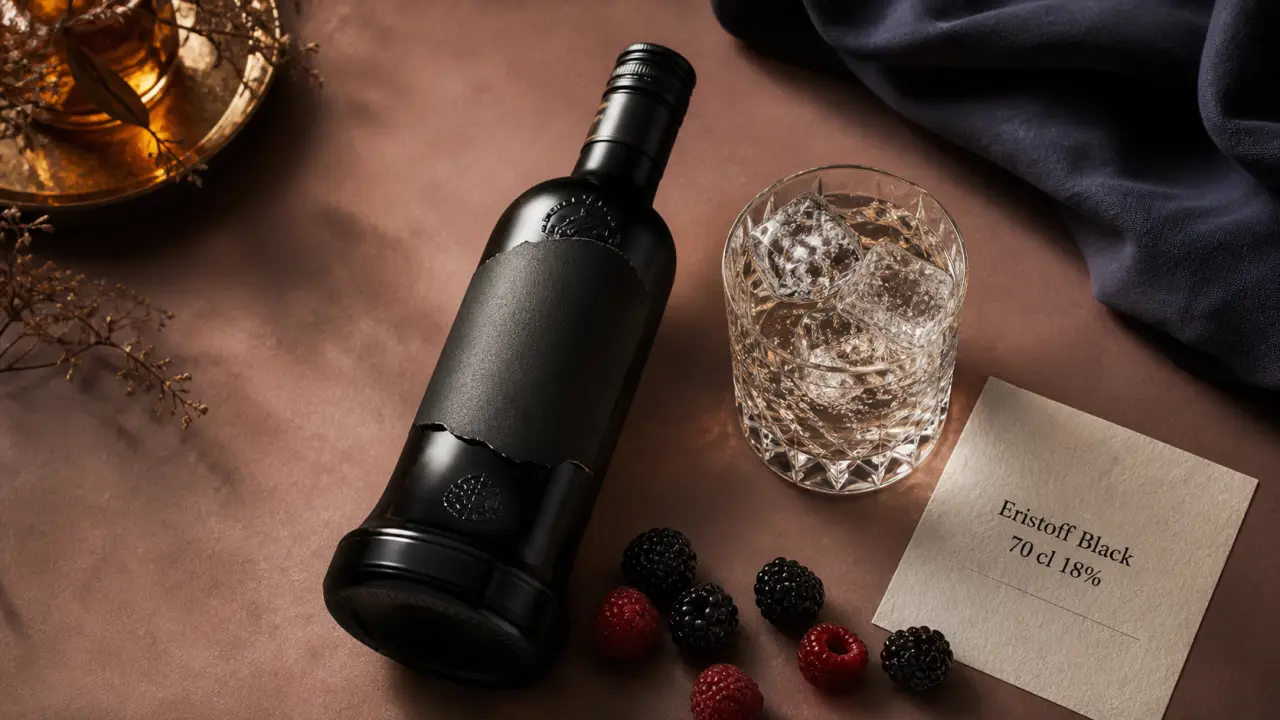 Vodka black eristoff 18% 70 cl aux baies sauvages, bouteille et verre