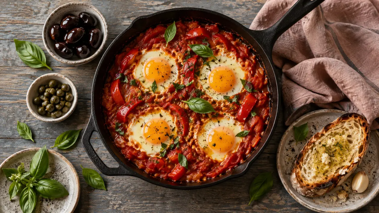 Cuisine méditerranéenne recettes facile : chakchouka au four aux œufs et tomates