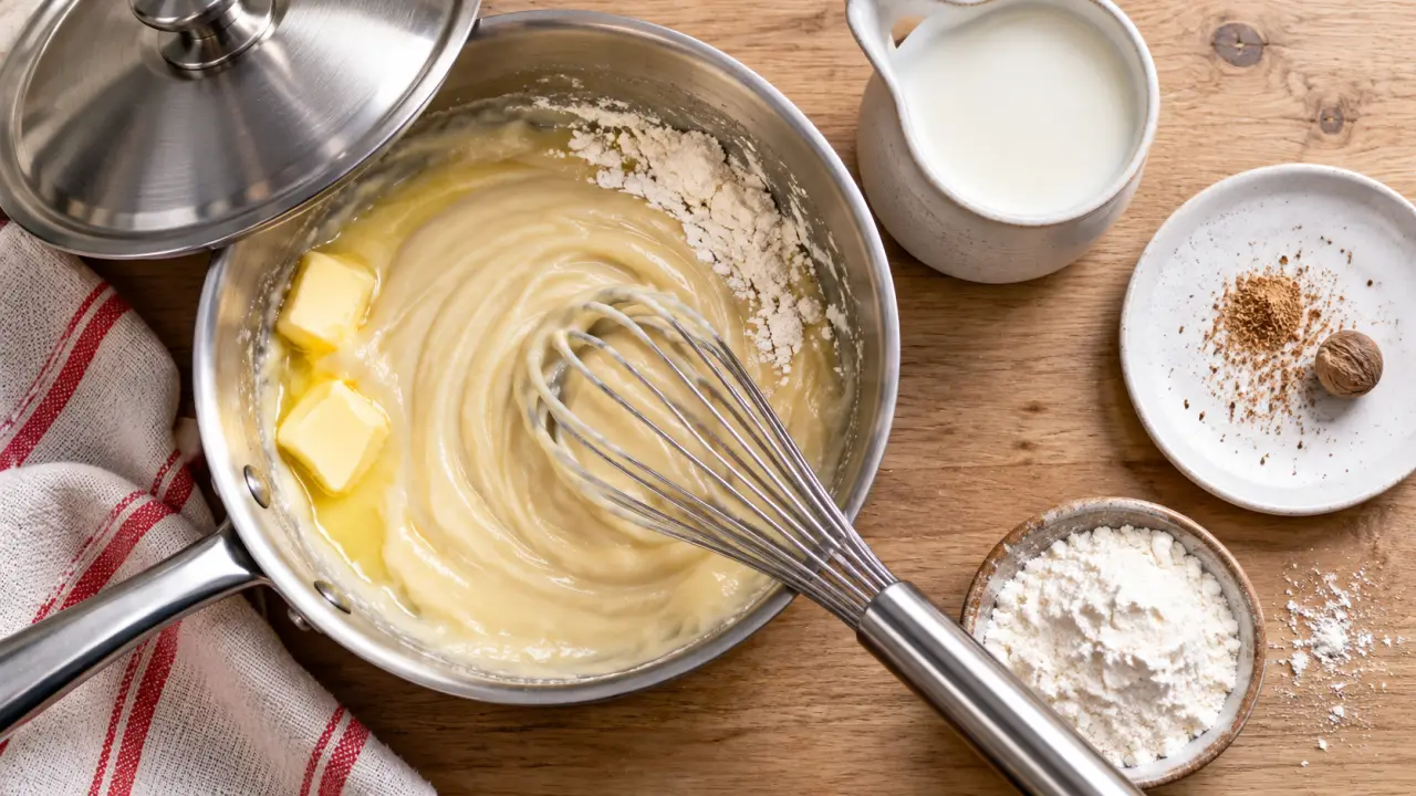 Roux blanc en cuisson, fouetté pour sauce