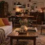 Déco maison de famille : salon confortable, plaid en laine et photos au mur