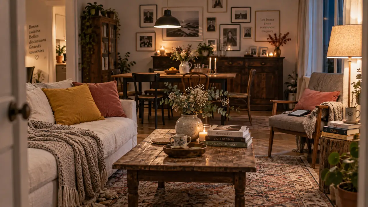 Déco maison de famille : salon confortable, plaid en laine et photos au mur
