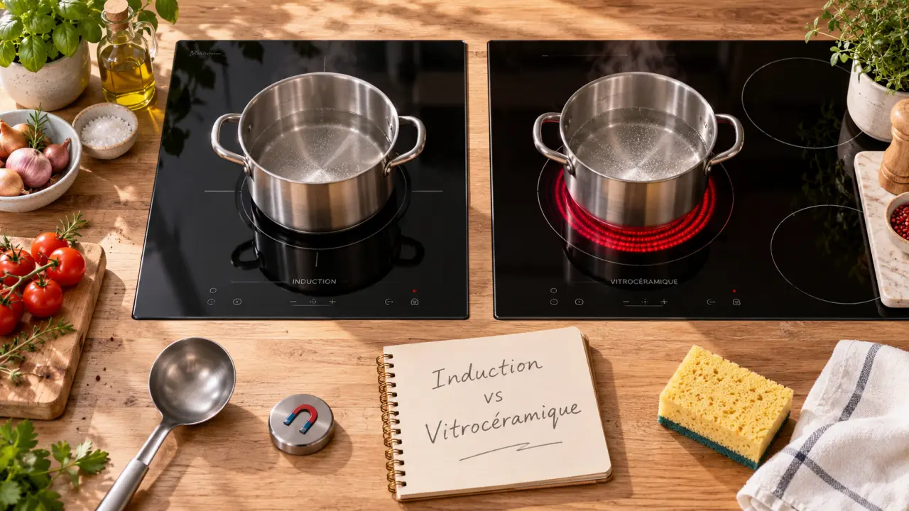 Différence entre induction et vitroceramique, deux plaques vitrée avec casserole