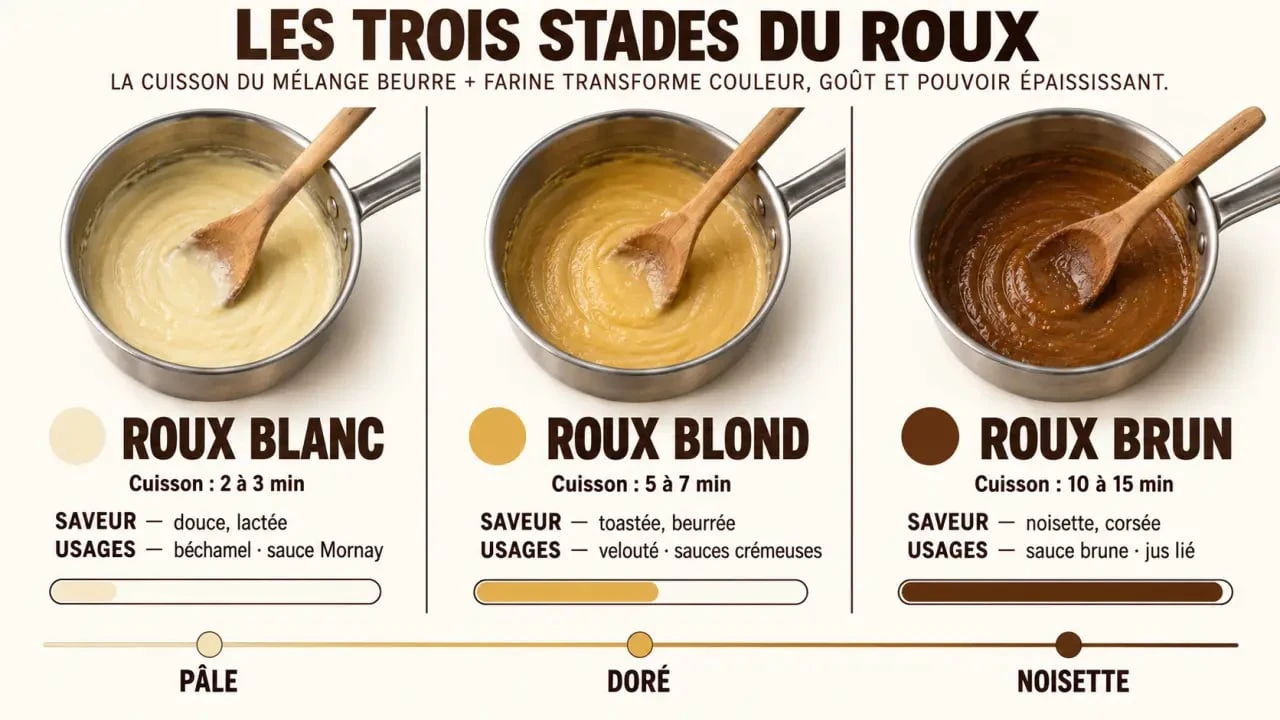 Roux blanc, roux blond et roux brun : comparaison des couleurs et des usages en cuisine