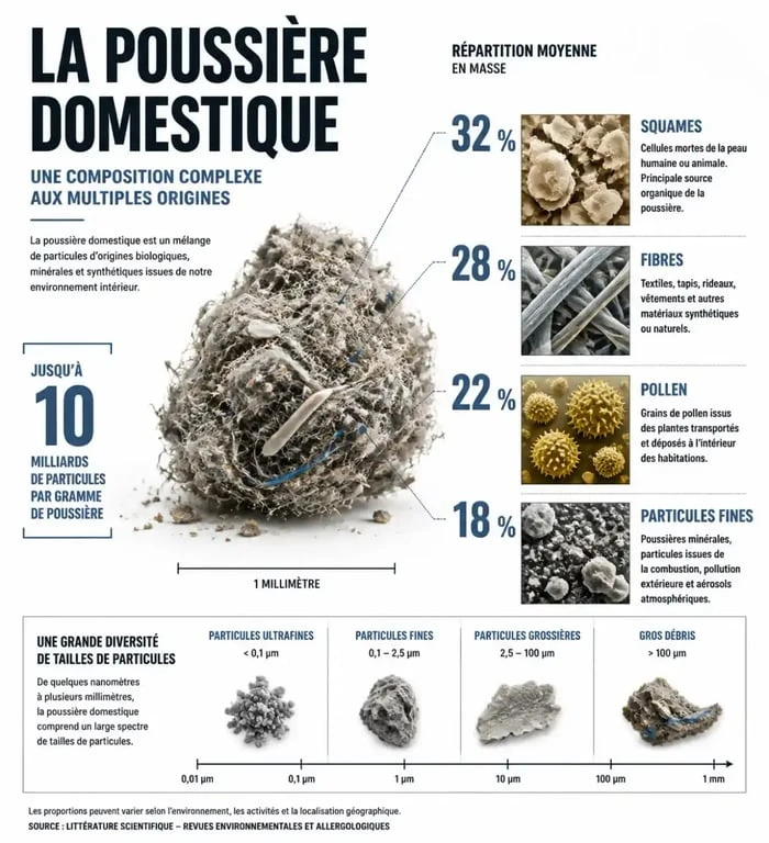 Infographie sur la composition de la poussière domestique et les méthodes de nettoyage