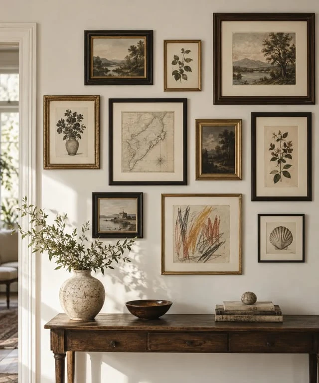 Déco maison de famille avec mur de cadres composé de souvenirs et de gravures