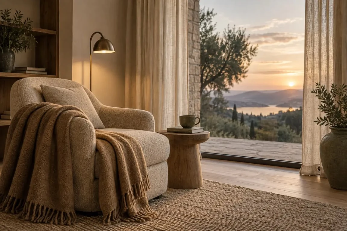 Déco maison de famille avec fauteuil de lecture, éclairage chaud et textiles en lin