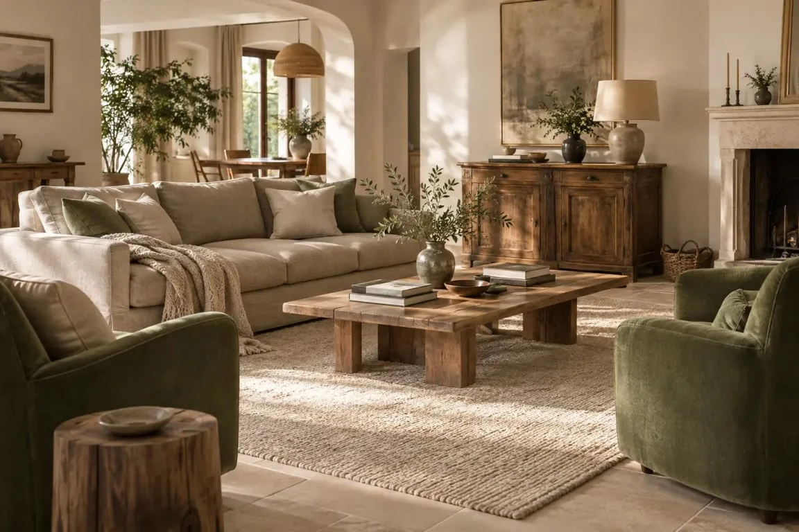 Déco maison de famille dans un salon chaleureux avec mobilier ancien et textiles naturels