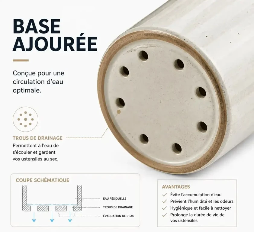 Détail technique d'un porte ustensiles cuisine avec système de drainage pour l'hygiène