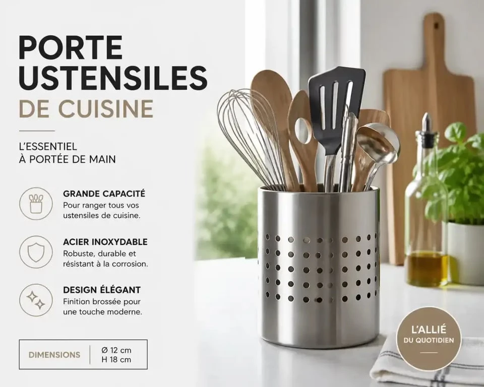 Un porte ustensiles cuisine en acier inoxydable bien organisé sur un plan de travail moderne