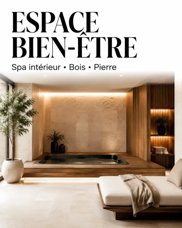 Idée aménagement spa intérieur dans une pièce dédiée avec bois, pierre et éclairage tamisé