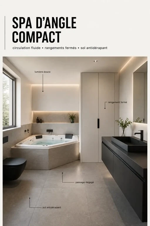 Idée aménagement spa intérieur dans une salle de bain compacte avec spa d’angle, circulation fluide et rangements fermés